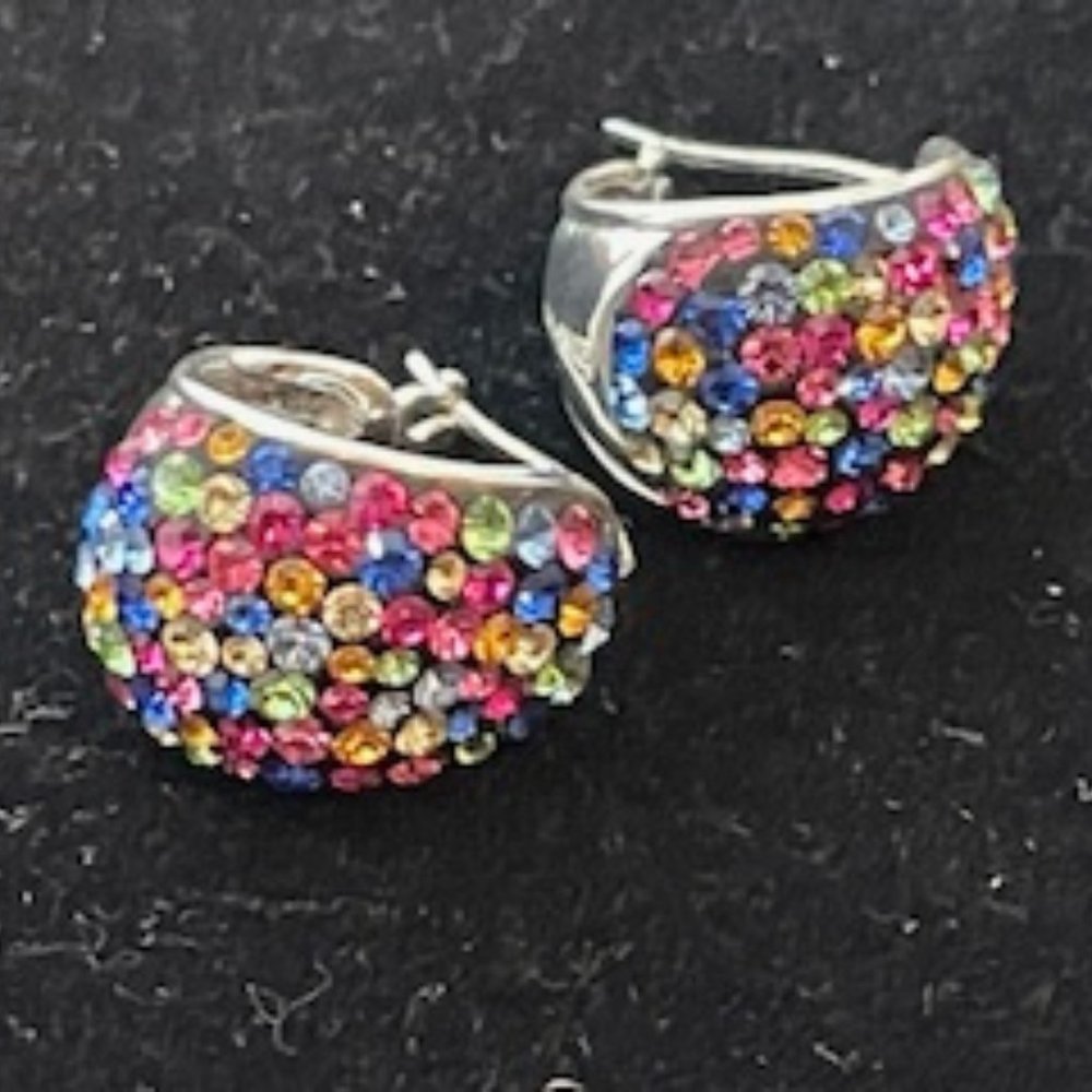 Vintage Silver Radiance loop pierced earrings with various color crystal stones